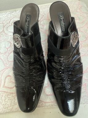 Brighton Black Patent Leather Slip-On Mule with Silver Medallion